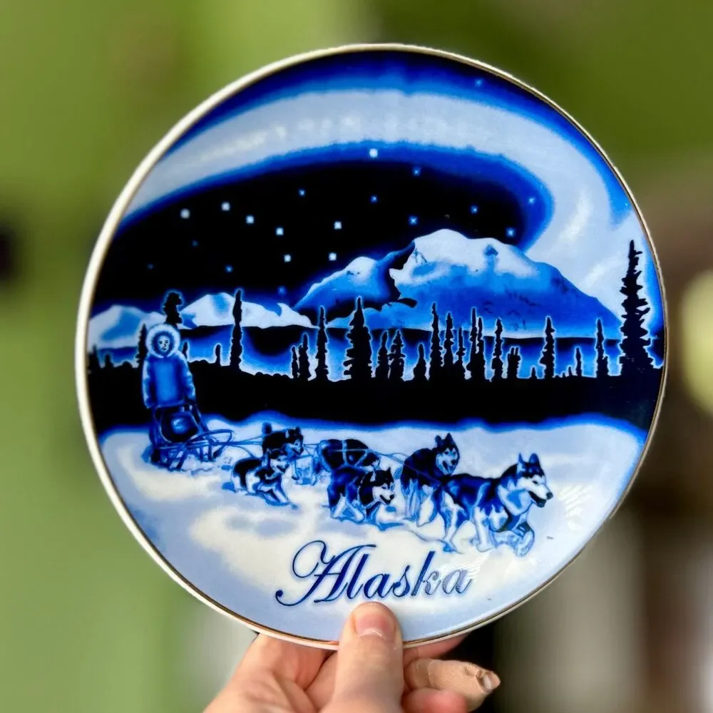 Vibrant Blue Alaska Still Life Snow Dogs Scenery Mountains Whimsy Sky Wall Plate